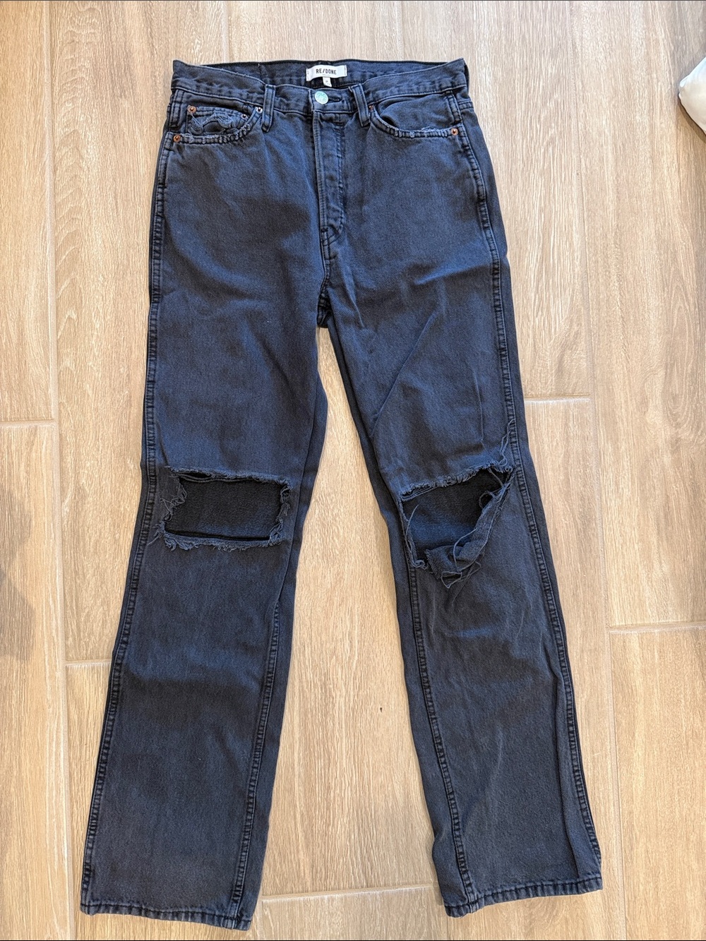 Re/Done Black High-Rise Distressed Knee Jeans